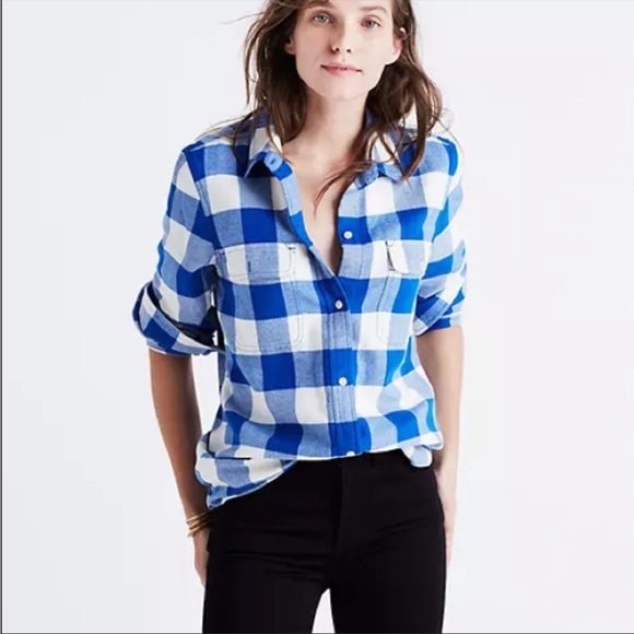 Madewell Classic ExBoyfriend Buffalo Plaid light Blu Checker Button down Flannel - Picture 2 of 13